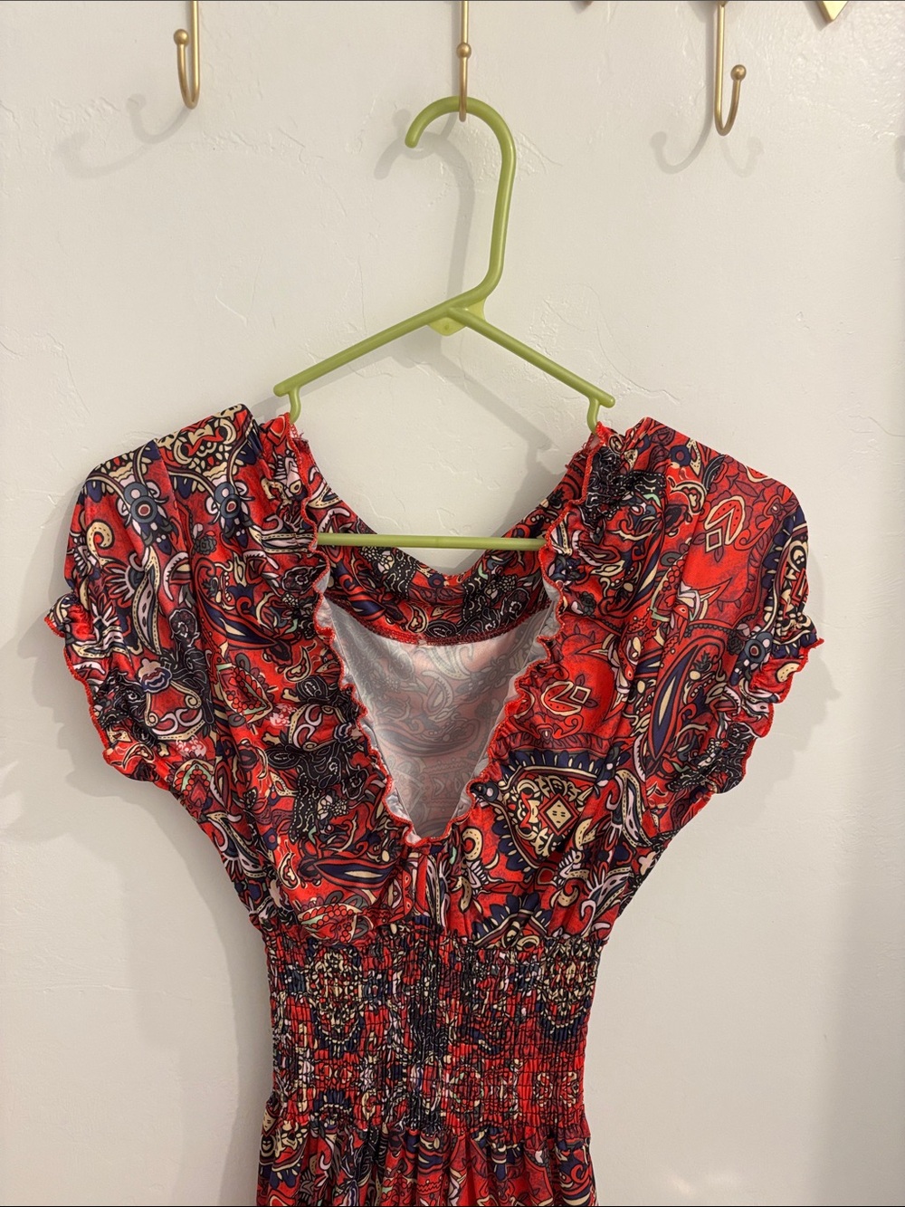 Red Paisley V-Neck Smocked Waist Dress